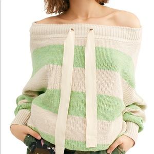 Off-the-Shoulder Striped Knit Sweater Top in Cream & Mint